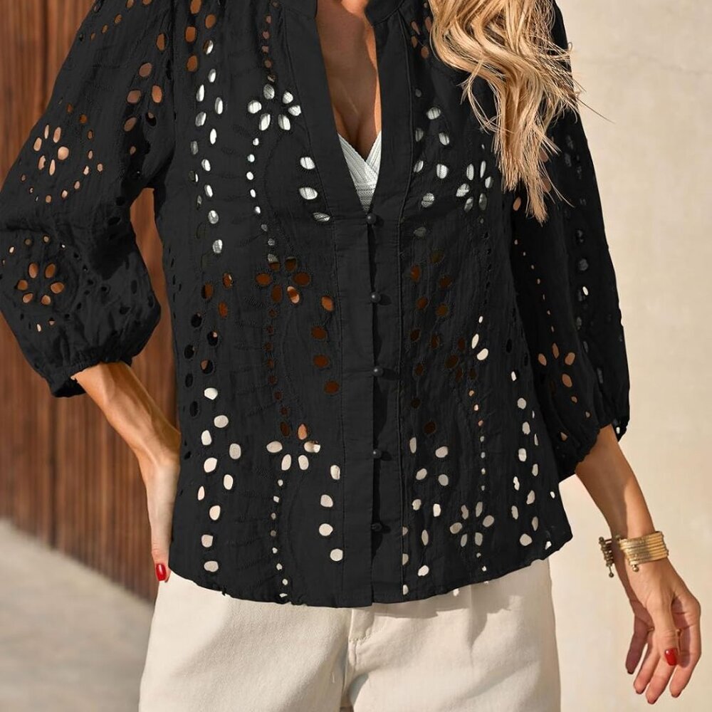 Womens Deep V Neck Eyelet Blouses Tops Dressy Casual 3/4 Balloon Sleeve Cotton B - Picture 7 of 8